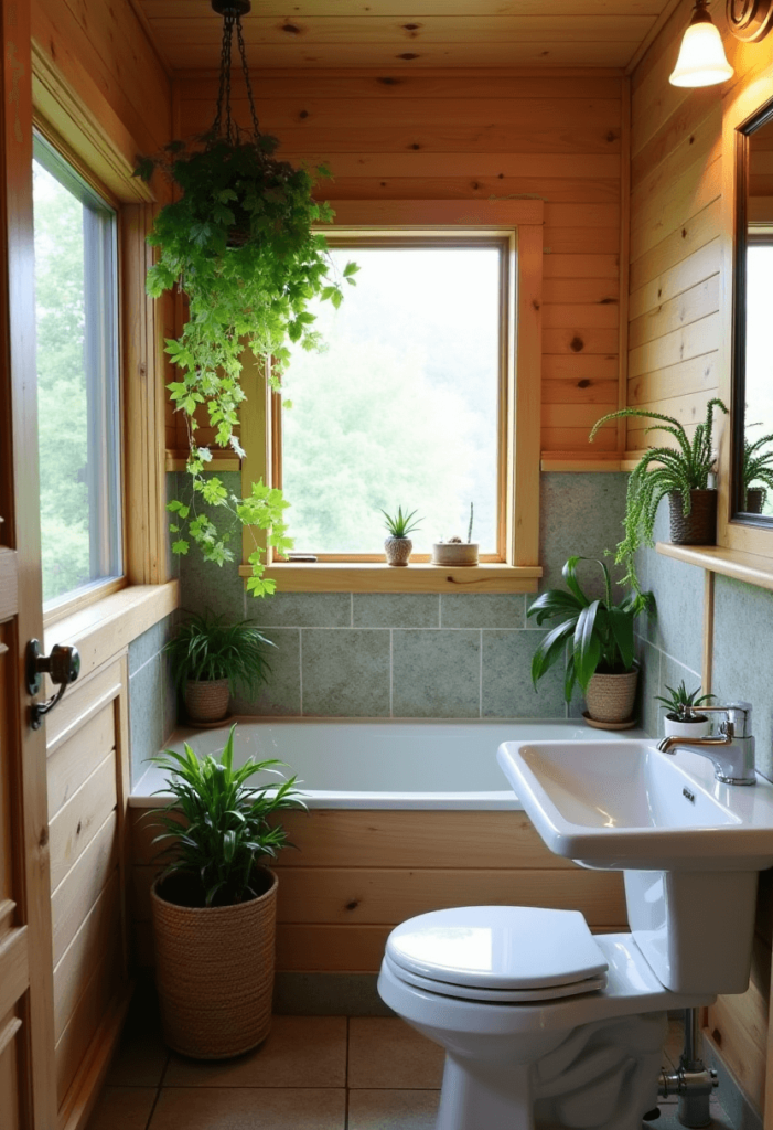 Compact cabin bathroom adorned with indoor plants such as ferns and succulents, adding a touch of nature and freshness to the small space.