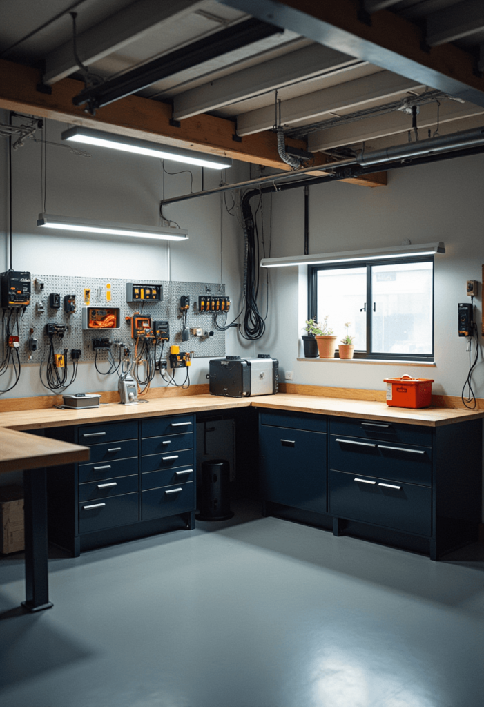 A modern garage workshop displaying integrated electrical features, including multiple power outlets, charging stations, and bright functional lighting.