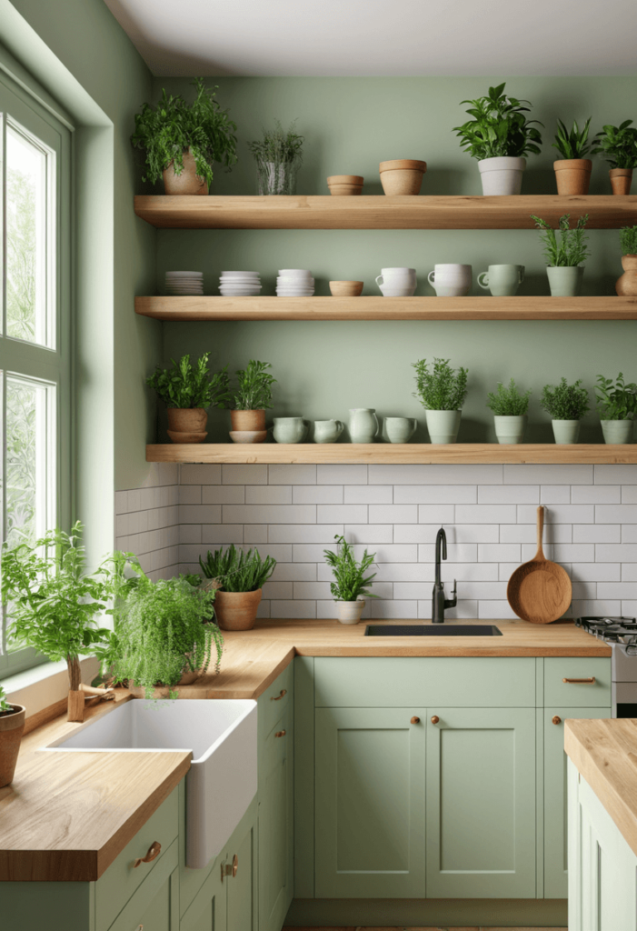 Small kitchen with pale green cabinets, wooden shelves with potted herbs, and natural light, emphasizing a refreshing connection to nature.