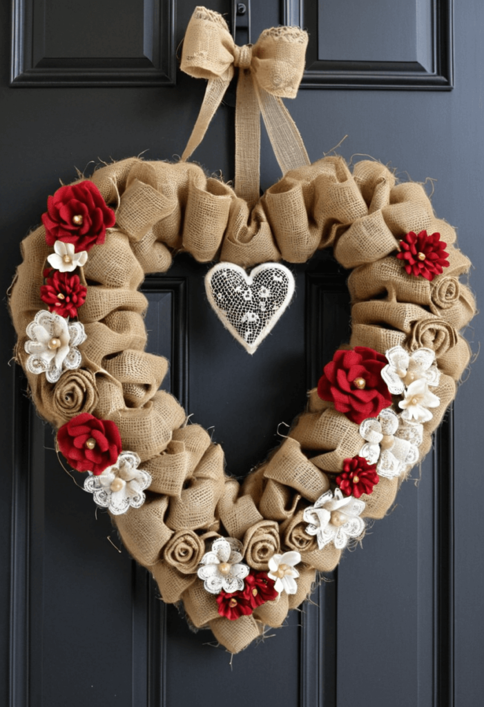 Heart-shaped wreath made from burlap and lace, elegantly hung on a front door, adorned with seasonal decorations and twinkling lights.