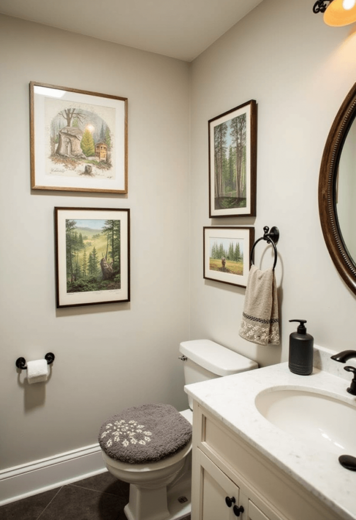 Small cabin bathroom featuring artistic wall art, showcasing nature-themed prints and a stylish mirror that enhances the visual appeal of the space