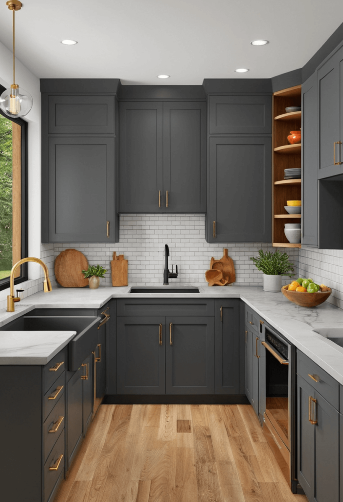 Small kitchen featuring charcoal gray cabinets, lighter countertops, and colorful decor pieces, balancing depth with an open feel.