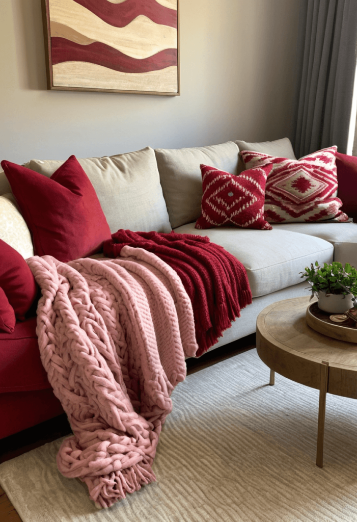 A comfortable seating area showcasing cozy blankets in red and pink draped over a sofa, paired with decorative pillows, creating an inviting and warm environment