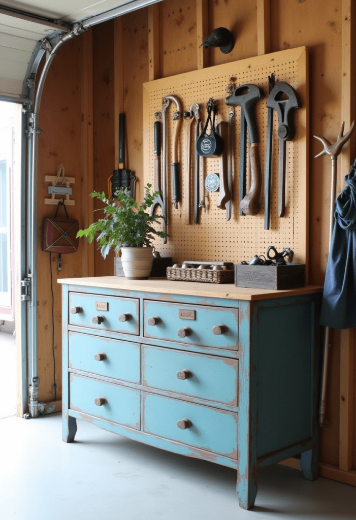 A creative garage workshop highlighting DIY storage solutions with repurposed furniture, like an old dresser for tools and crates for organization.