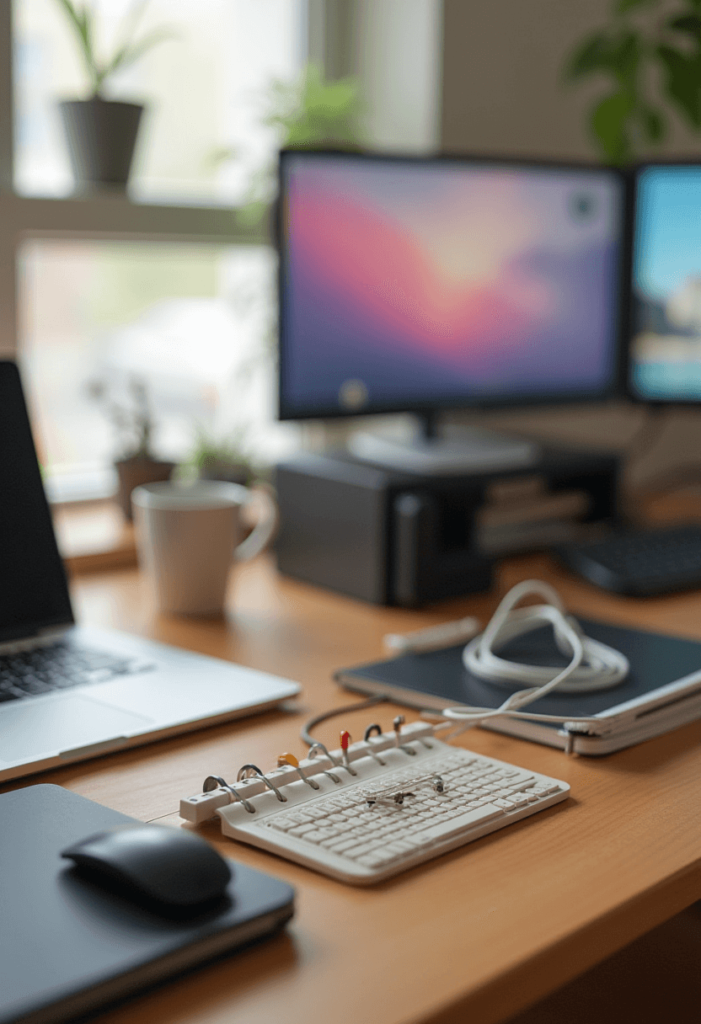 Tidy dorm desk demonstrating effective cable management using clips and organizers, keeping wires neat and out of sight for a clean workspace