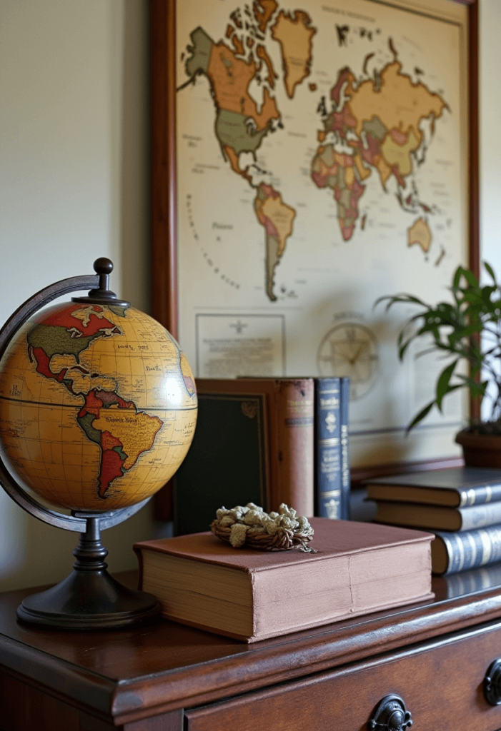 A Colonial living room decorated with historical accessories, including an antique globe, vintage books, and historical maps thoughtfully displayed, adding authenticity and charm.