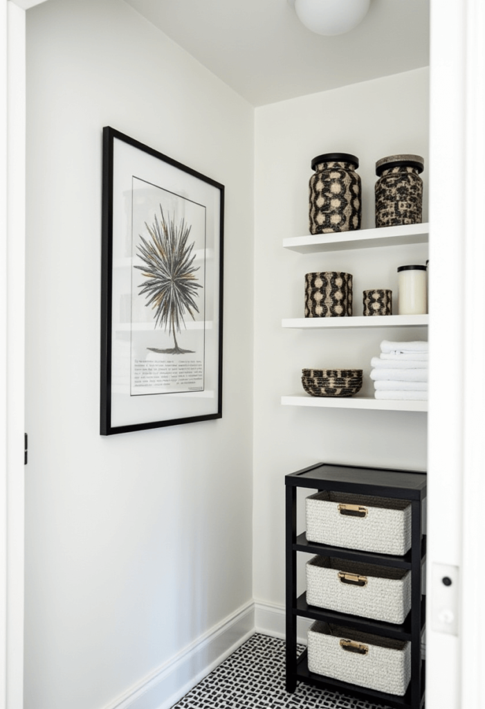 A visually appealing black and white bathroom showcasing stylish storage solutions like decorative baskets and organized shelving that blend functionality with decor.