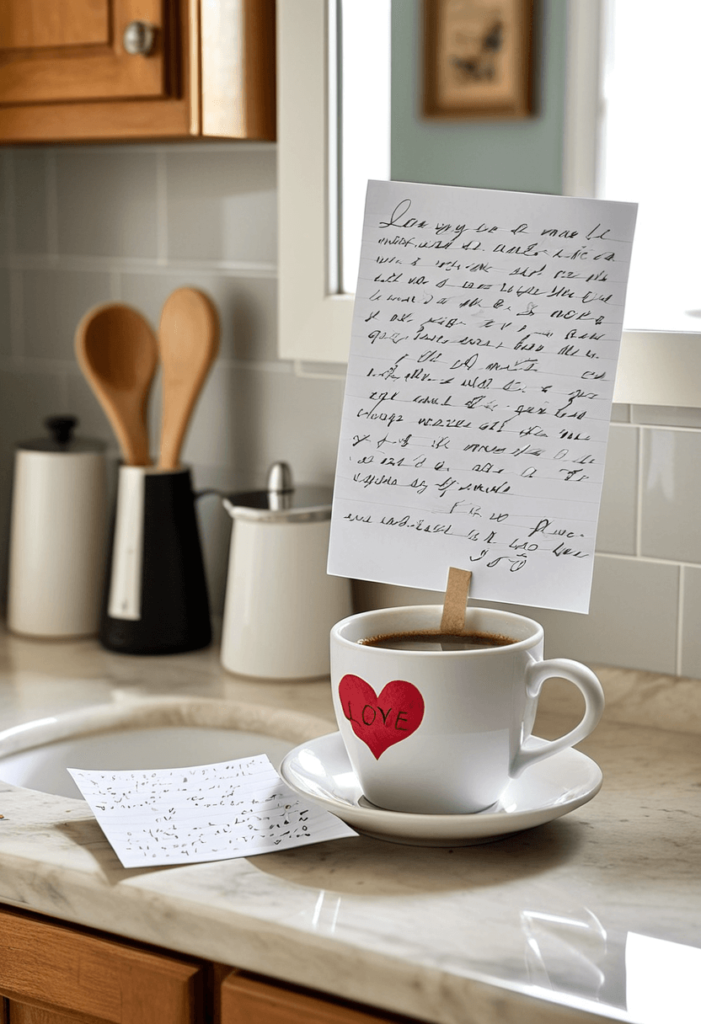 Playful arrangement of whimsical love notes placed on a bathroom mirror, inside a coffee cup, and on a kitchen counter in a cozy home setting.