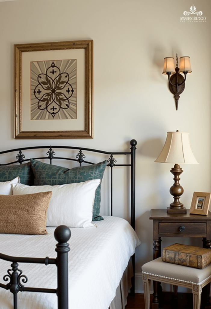 A Western bedroom detailing metal accents, including a wrought iron bed frame and decorative bronze light fixtures that add texture and shine to the rustic decor.