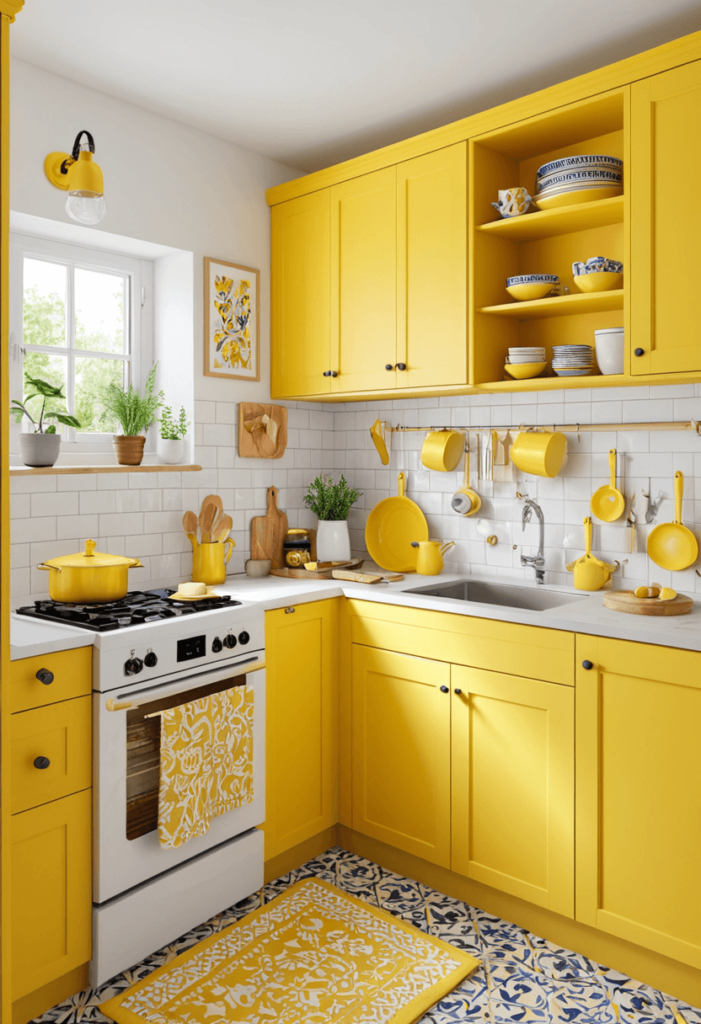 Cheerful small kitchen with bright yellow cabinets, white walls, and playful decor, radiating energy and a lively atmosphere