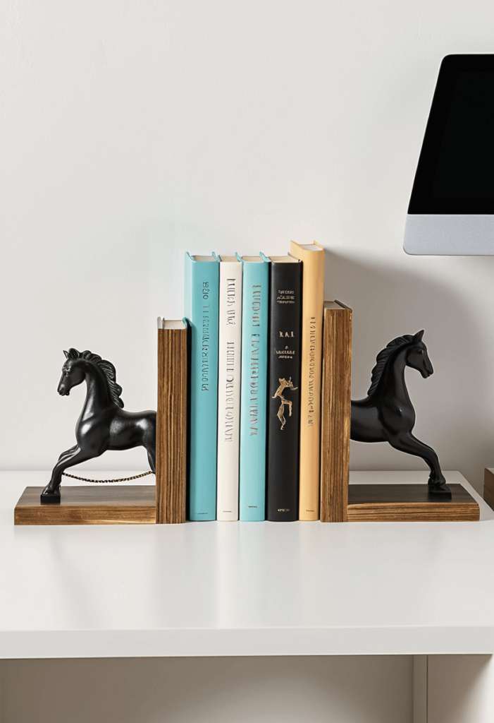 Dorm desk displaying stylish bookends holding a collection of books, highlighting the decorative aspect of the bookends within the workspace.