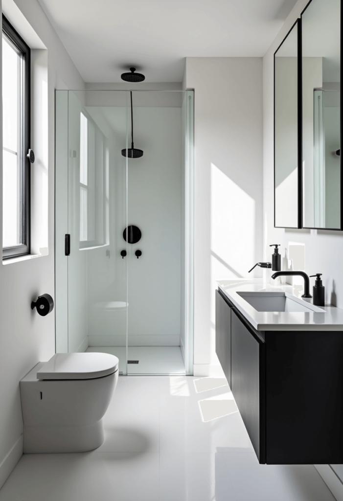 A minimalist black and white bathroom featuring clean lines and an uncluttered layout, creating a serene and simple design atmosphere.