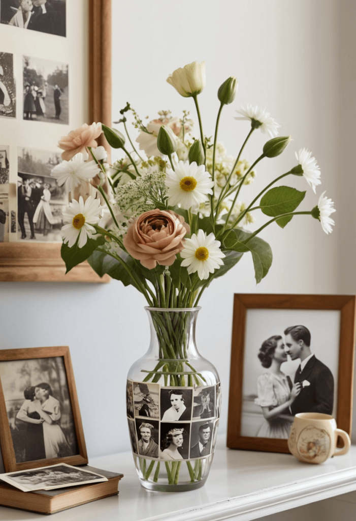 ase filled with vintage photographs arranged like flowers, showcasing romantic love stories against a soft, blurred background.