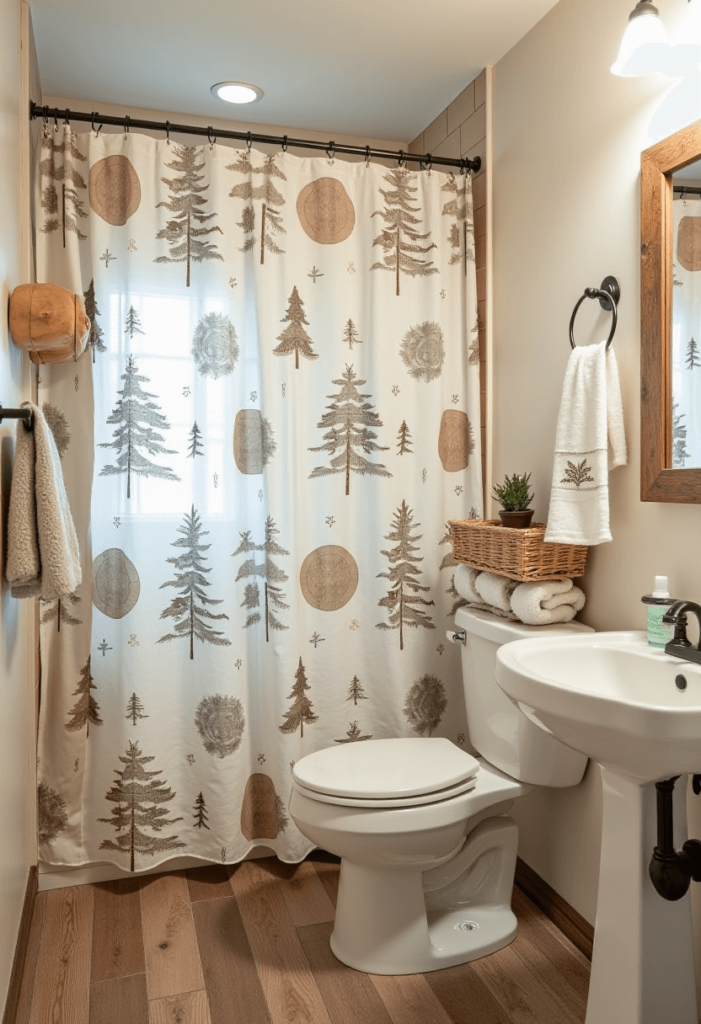 Small cabin bathroom highlighting unique shower curtains with rustic patterns that complement the overall decor, set against a simple backdrop.