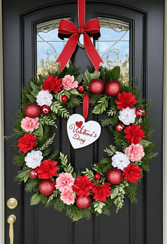 A beautiful Valentine's Day wreath hanging on a front door, adorned with floral accents, ribbons, and heart-shaped ornaments, setting a festive tone for the home