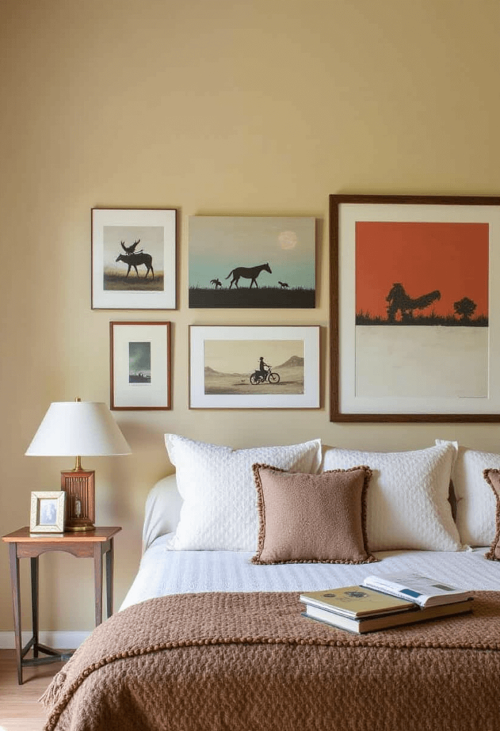 A Western bedroom featuring appropriate artwork, including landscapes and cowboy-themed prints, arranged harmoniously on the walls to complement the room's decor.