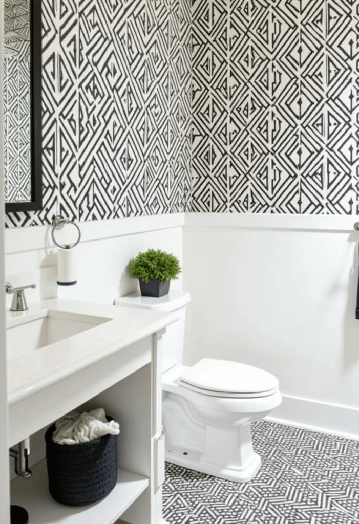 A black and white bathroom featuring bold patterns such as geometric wallpaper and accented textiles that add visual excitement and interest.