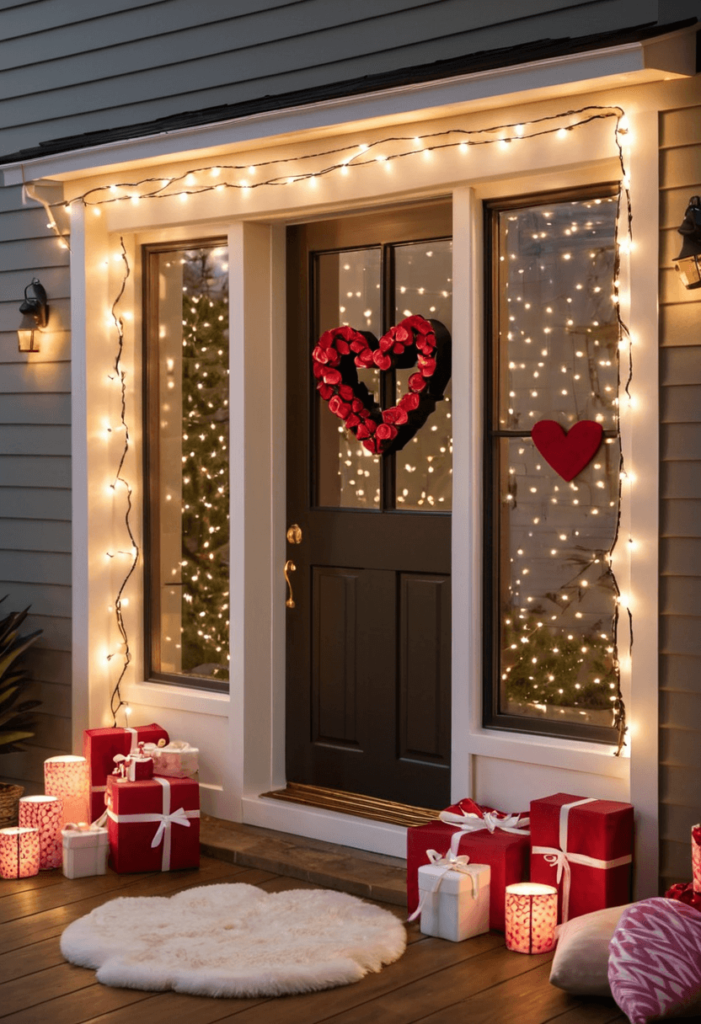 A cozy room showcasing festive lighting with string lights draped along windows and around doorways, creating a warm and romantic ambiance perfect for Valentine's Day.