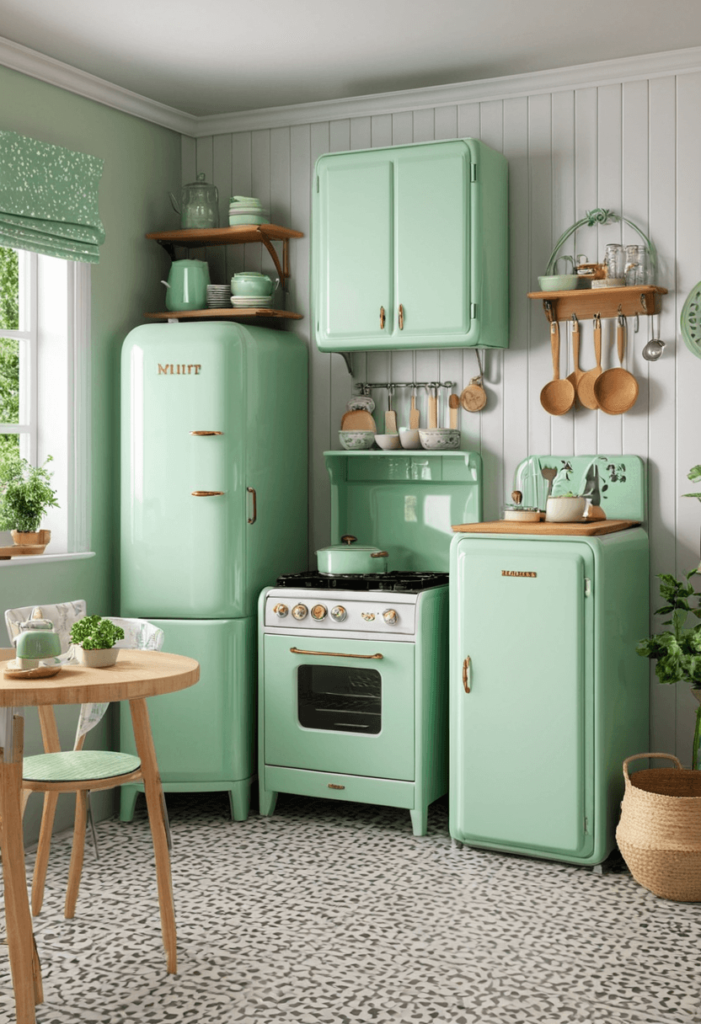 Cozy small kitchen with mint green cabinets, vintage appliances, and classic kitchen utensils, capturing retro charm and modern style