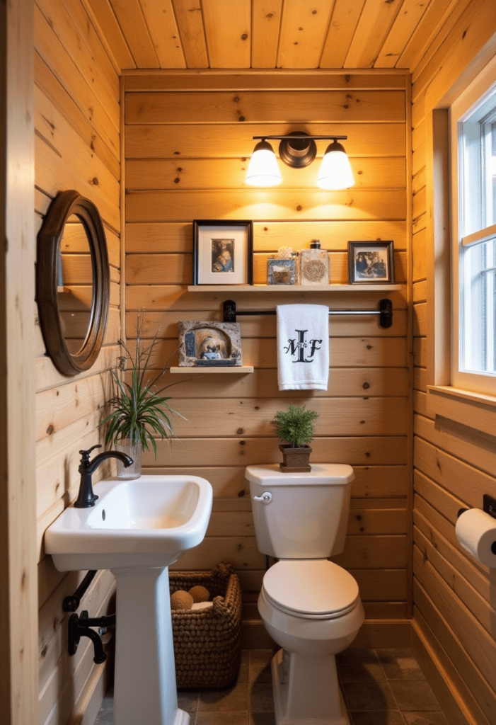 Cozy cabin bathroom filled with personalized decor items, including monogrammed towels, custom art pieces, and family photos creatively arranged.