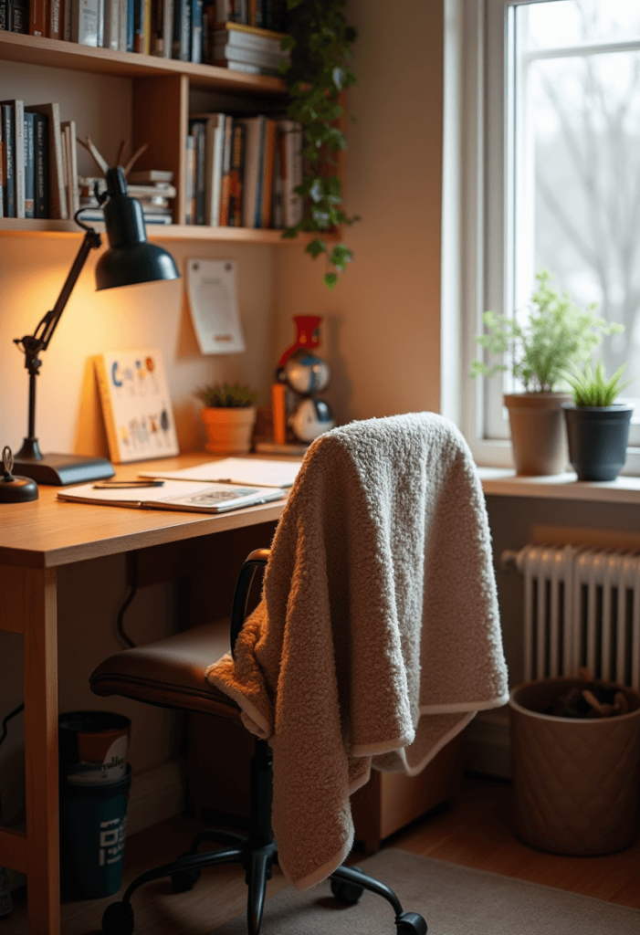 Dorm desk featuring a cozy throw blanket draped over a chair, creating a warm and inviting atmosphere for studying.