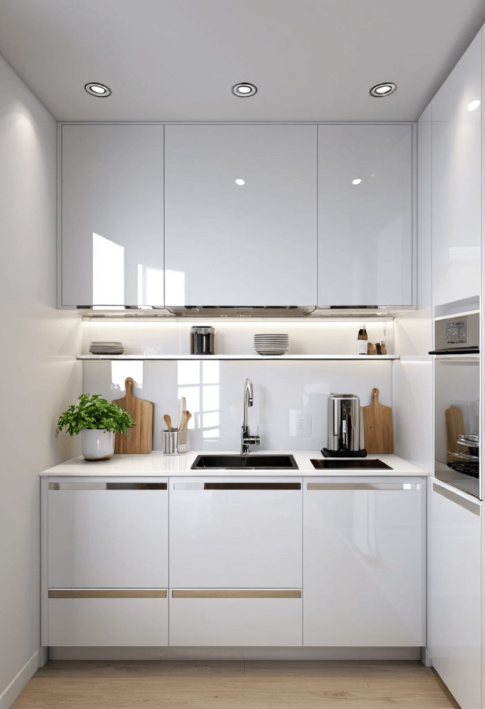 Small kitchen with glossy white cabinets, clean layout, and shiny metallic accents, maximizing light reflection for a bright appearance.