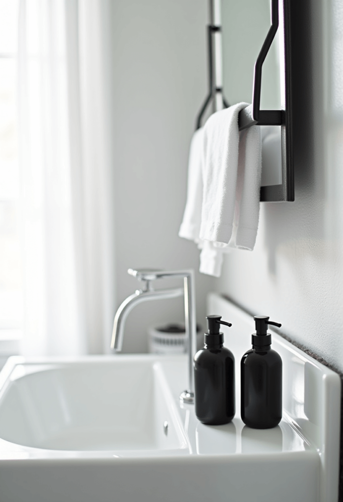 Functional decor elements in a black and white bathroom, including stylish towel racks and unique soap dispensers that combine utility and design.