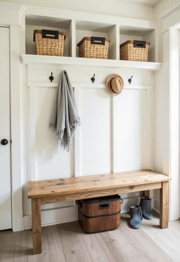 Small cabin bathroom inspired by a mudroom aesthetic, featuring built-in hooks, a rustic wooden bench, and earthy materials for a functional look.