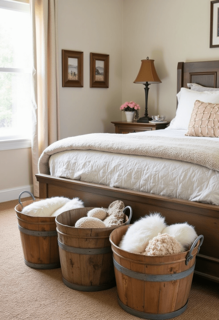 A Western bedroom organized with rustic baskets filled with soft blankets and vintage buckets used for clever decor, adding style and practicality to the space.