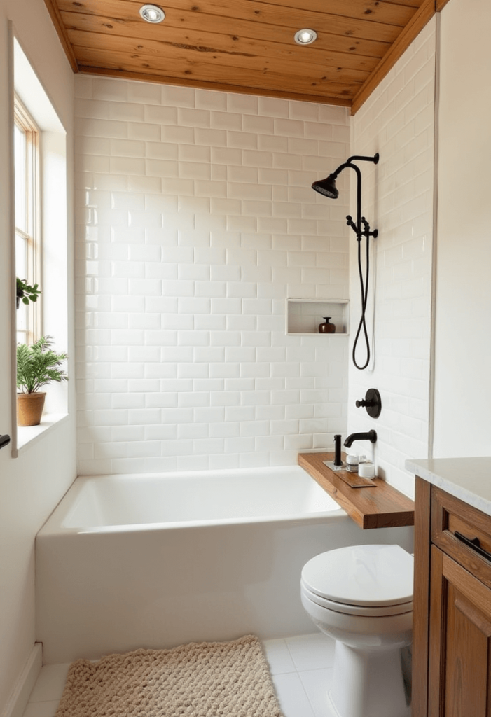 Compact cabin bathroom showcasing bathtub alternatives, including a chic freestanding bathtub and a stylish shower setup with a built-in bench