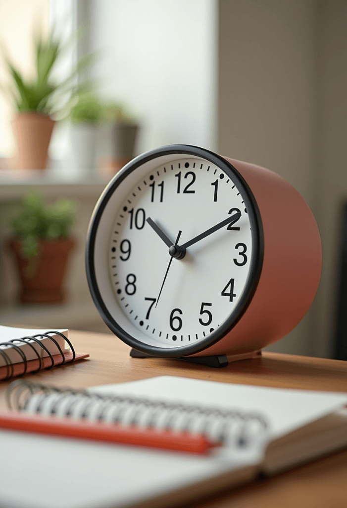 Dorm desk showcasing a unique and stylish desk clock that enhances both functionality and decor within the workspace.