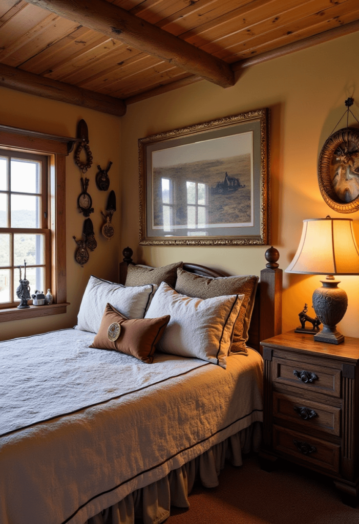 A Western bedroom showcasing personalized accessories like family heirlooms and handmade crafts, rich in individual character and warmth that enhances the Western theme.