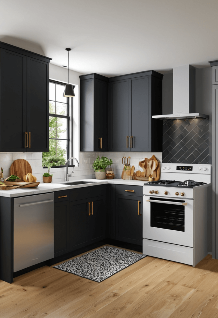 Small kitchen featuring two-tone cabinets with light and dark shades, stylish decor accessories, and a welcoming contrast