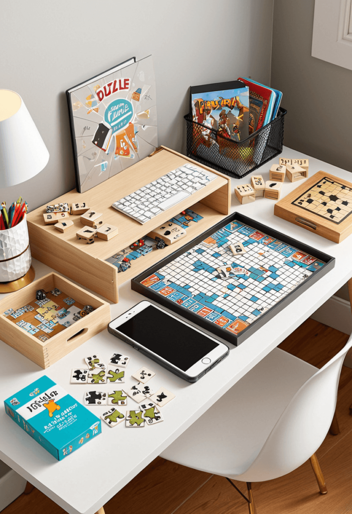 Stylish dorm desk with minimal study essentials, featuring a playful tabletop game and a puzzle neatly stored nearby for easy access during study breaks.