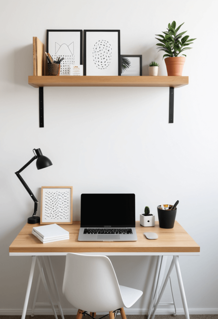 Minimalist dorm desk setup with clean lines and a few essential decorative items, emphasizing simplicity and functionality for an organized workspace.