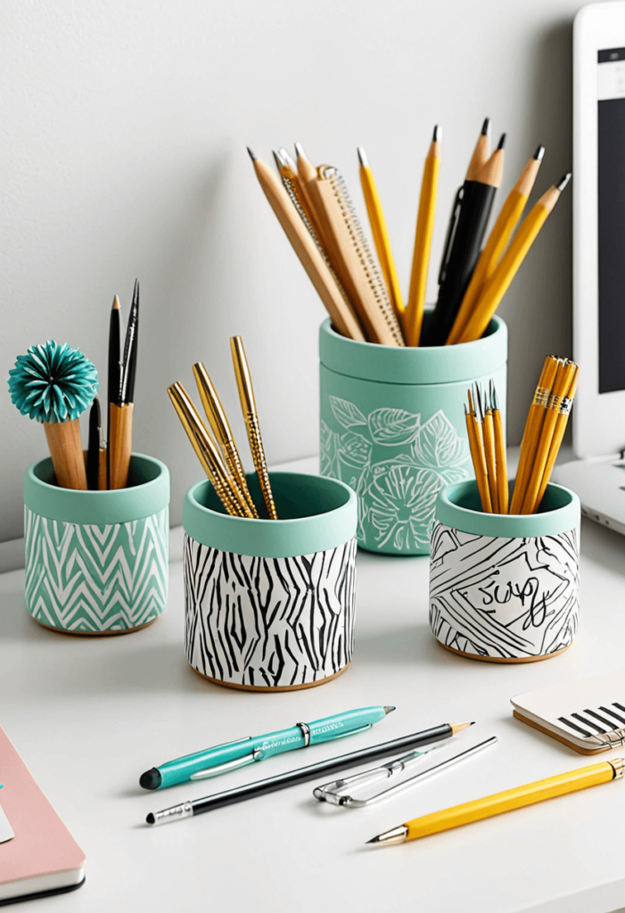 Creative DIY desk decor items including painted flower pots, customized photo frames, and handmade organizers, showcasing unique, personalized touches to the workspace.