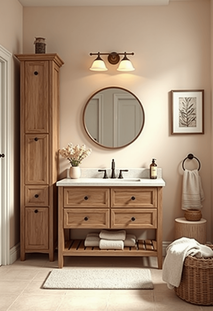 Serene bathroom featuring various shades of brown in cabinetry and accents, complemented by warm textiles and inviting decor items, creating a cozy atmosphere