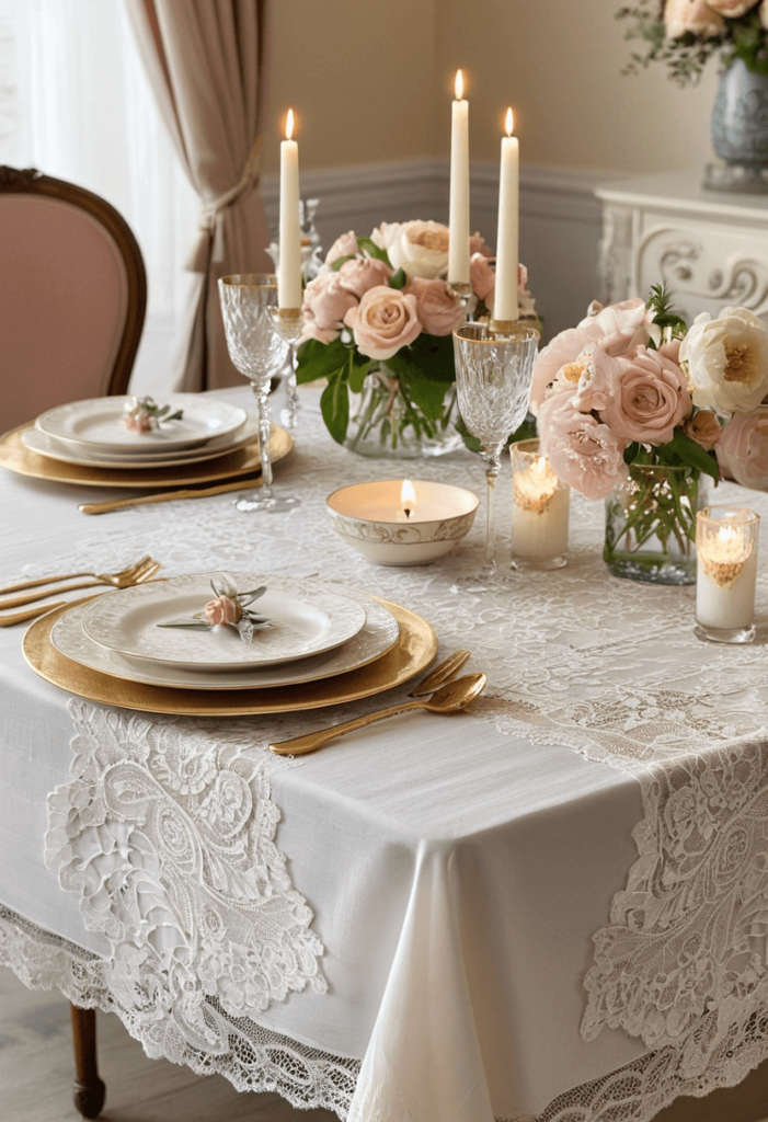 Elegant lace tablecloth draped over a dining table, featuring vintage dinnerware, pastel flowers, and decorative candles for a romantic setting