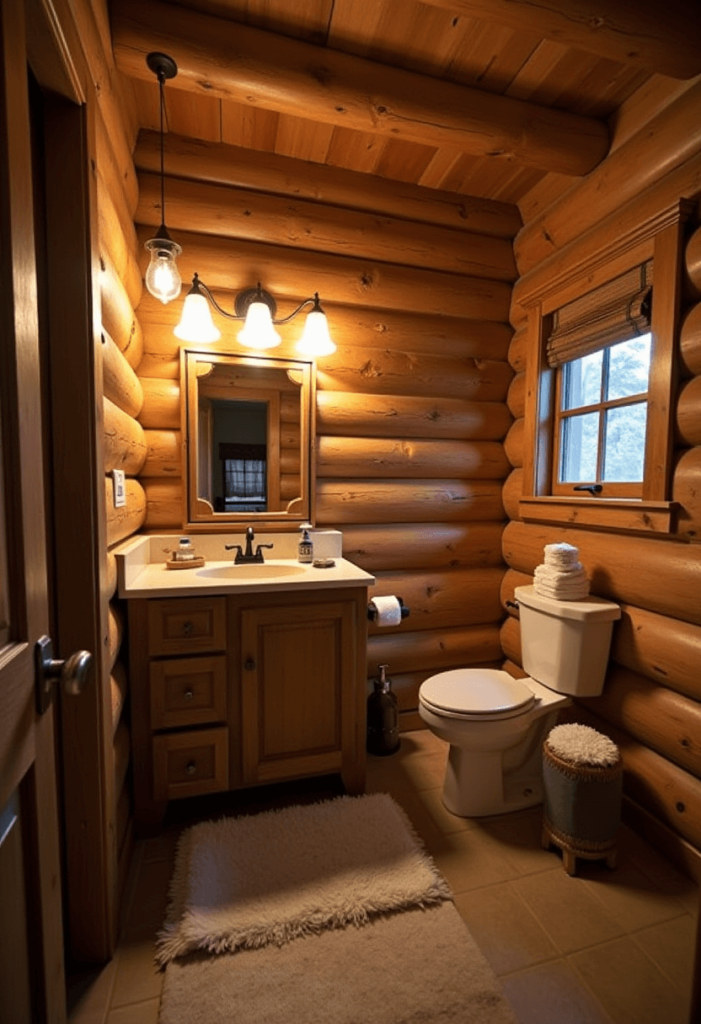 Small cabin bathroom with cozy lighting fixtures, including wooden pendant lights and wall sconces, creating a warm and inviting ambiance.