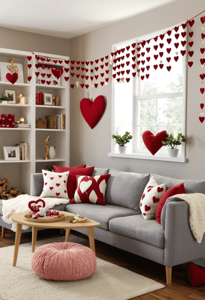 A cozy living room decorated with heart-shaped accents, including heart-themed garlands, heart-shaped throw pillows on the couch, and heart decorations on shelves.