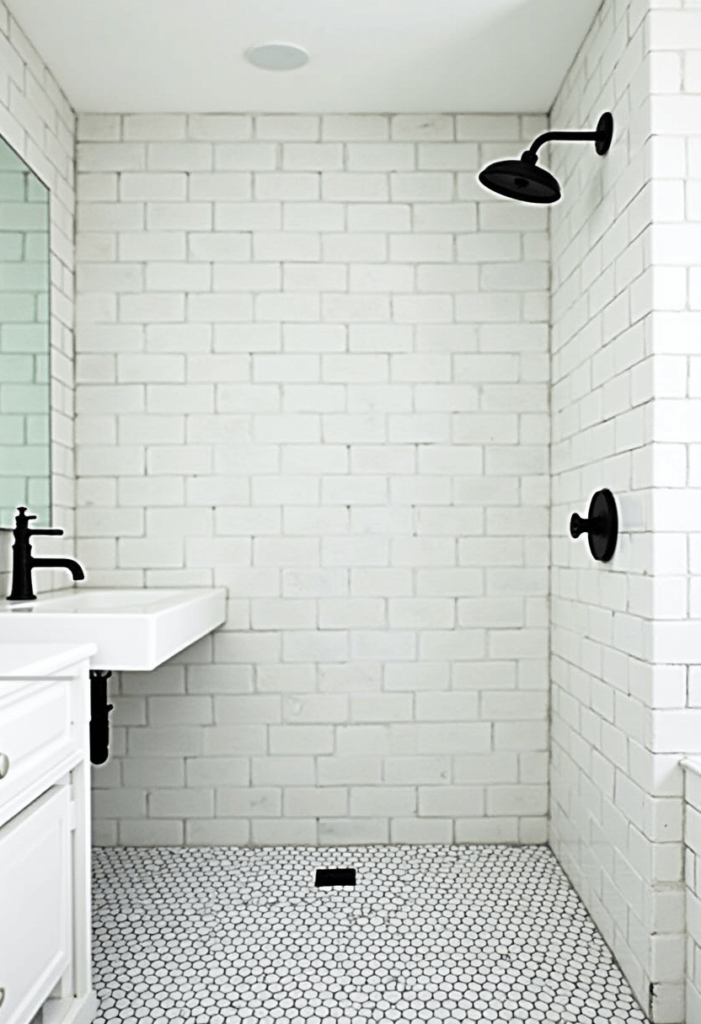 A collection of stylish black and white tiles displayed in a bathroom setting, including large-format, hexagonal, and classic subway tiles arranged attractively.