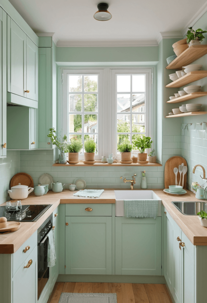 Cozy small kitchen featuring soft pastel shades like mint green cabinets, pastel dishware, and light textiles for a serene ambiance