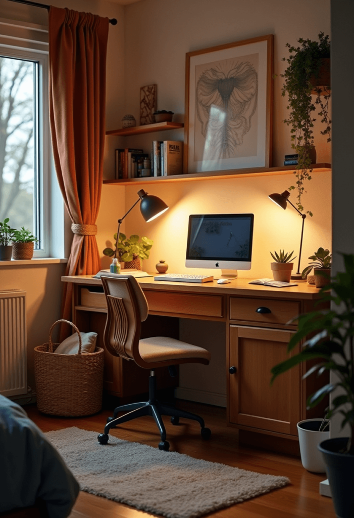 Cozy study nook featuring a well-arranged dorm desk surrounded by soft cushions, inviting decor, and warm lighting for a comfortable study atmosphere.