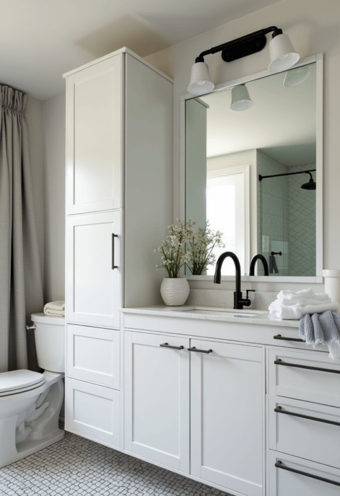 Sleek bathroom design with high-contrast finishes, featuring white cabinets paired with matte black fixtures that highlight the bold and contemporary elegance of the space.