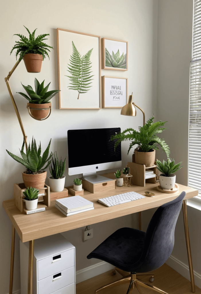 Functional dorm desk with a couple of small indoor plants beside a desk lamp, creating a fresh and calming atmosphere without overcrowding the workspace.