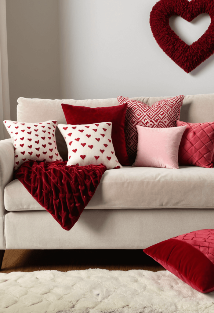 A sofa adorned with seasonal throw pillows in heart patterns and shades of red and pink, featuring varying textures like velvet and cotton, creating a warm atmosphere.