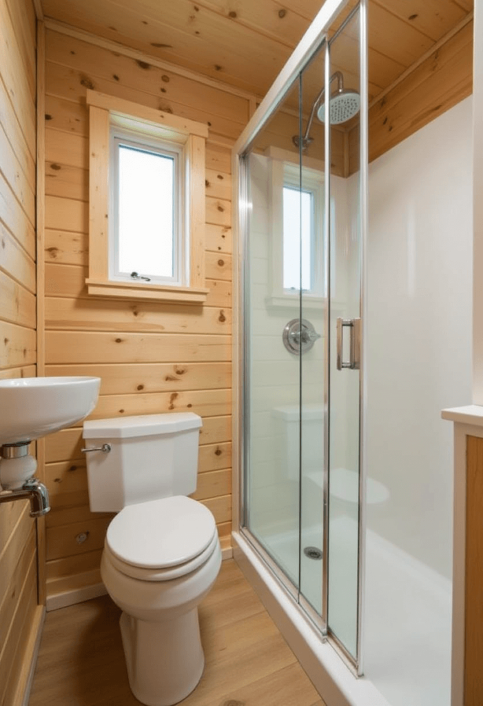 Compact cabin bathroom featuring space-saving fixtures such as a wall-mounted sink, compact toilet, and corner shower, maximizing style and functionality.