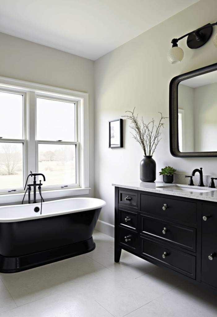 A stunning black freestanding tub in a modern black and white bathroom, serving as a bold statement fixture and emphasizing elegant decor.