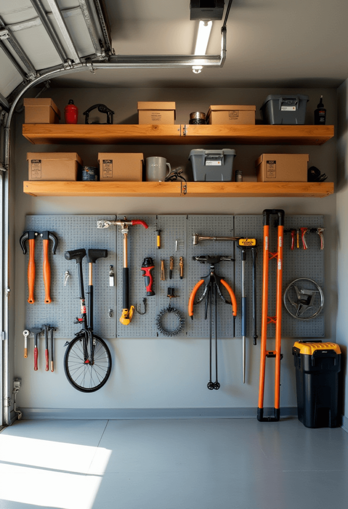 A garage workshop emphasizing efficient vertical space with wall-mounted open shelves, pegboards with tools, and hung bicycles neatly stored.