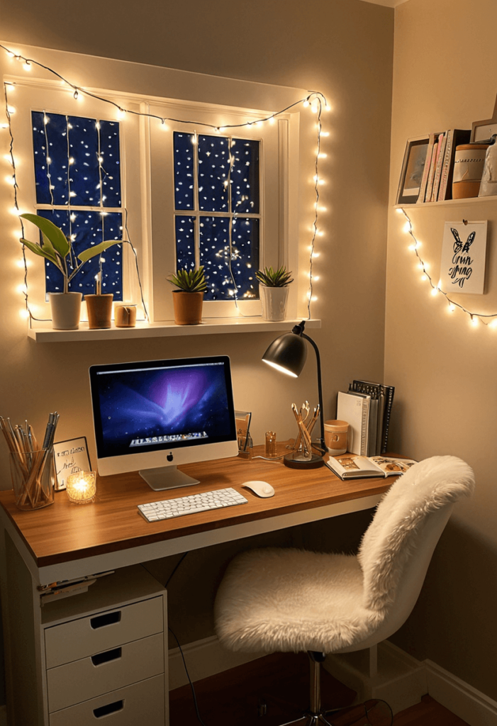 Cozy dorm desk illuminated by a stylish desk lamp and warm string lights, providing a bright and inviting study environment